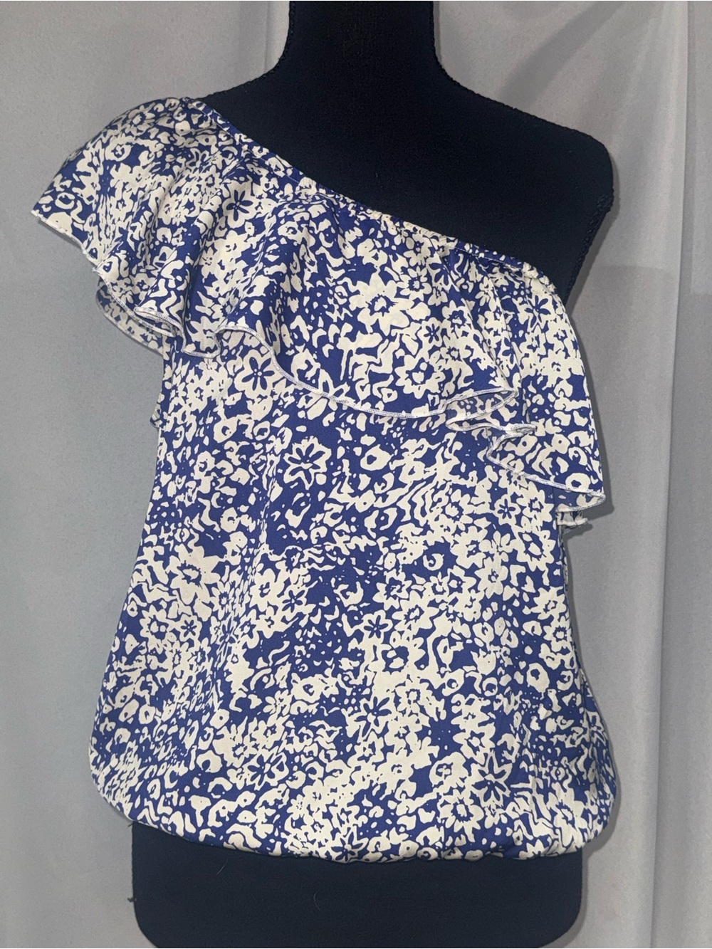 American Eagle Outfitters Blue and White One-Shoulder Ruffle Floral Top